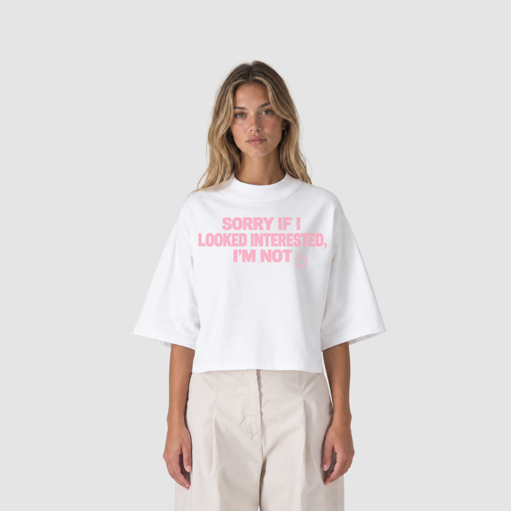 Boxy Tee von RIZE mit Aufdruck: Sorry If I Looked Interested, I'm Not